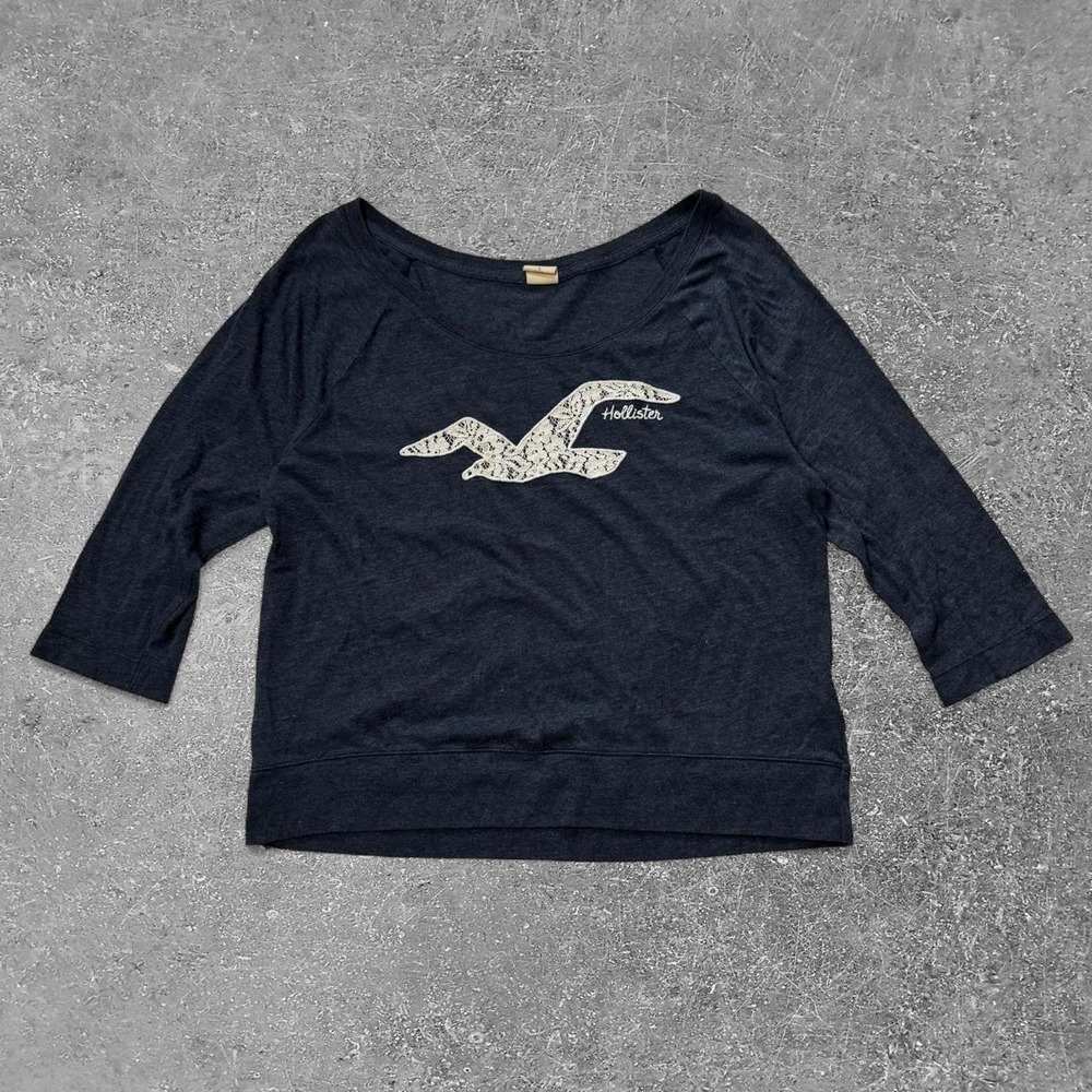 Hollister Co Navy Blue Y2K 3/4 Sleeve Seagull Graphic Top Women Size L